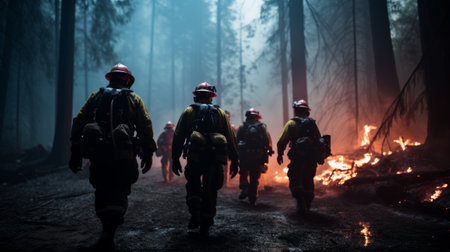 Group of firefighters bravely making their way through a burning forestの素材
