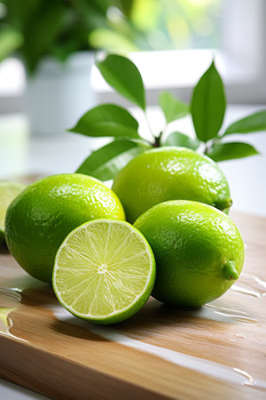 group of vibrant, juicy limes artfully arranged on a sleek cutting board, radiating freshness and culinary potentialの素材