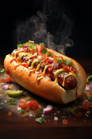 Hot dog is topped with juicy tomato slices, fiery hot peppers, and zesty mustard. Dark background enhances the vibrant colors of the ingredientsの素材