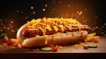 Mouthwatering hotdog, grilled to perfection and topped with crispy onions and rich cheese sauce, offering a delectable combination of flavors and textures.の素材
