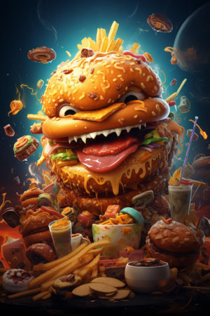Monstrous burger created from an assortment of unhealthy fast foods, symbolizing the concept of junk food addiction. The burger monster looms large, representing the allure and dangers of overindulging in unhealthy snacks.の素材
