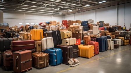 Storage unit overflowing with stacks of forgotten and abandoned luggageの素材