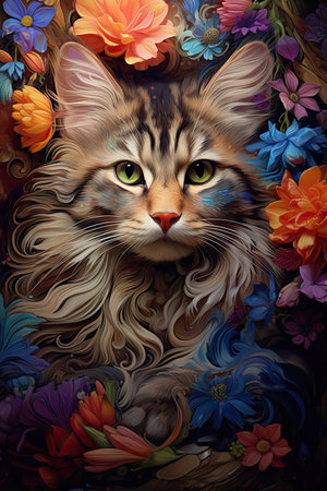 Ð¡harming illustration featuring a fluffy tabby cat surrounded by a vibrant bouquet of flowersの素材