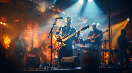 music band passionately performing on a vibrant stage, enveloped in a symphony of lights and energy, captivating the audience with their music.の素材