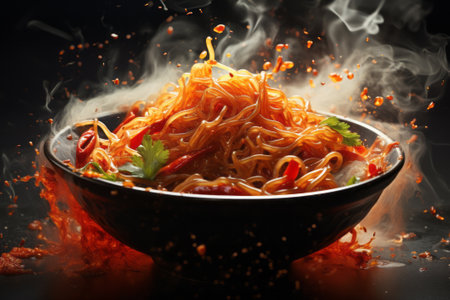 Photograph captures the essence of spicy hot noodles, with the vibrant red soup falling and splashing from the bowl, creating a captivating visualの素材