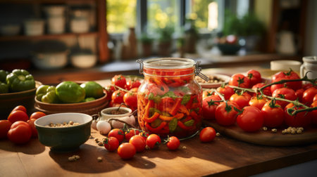 Jar of pickled vegetables placed on a rustic wooden table. Simplicity and tradition of canning.の素材