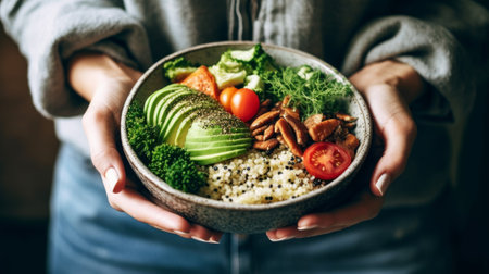 Generative AI Woman Enjoying a Wholesome Vegetable Salad Fresh and Nourishingの素材