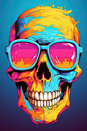 Vibrant illustration of a human skull wearing stylish sunglasses. The colorful design of the skull stands out against a dark background, creating a bold and striking image.の素材