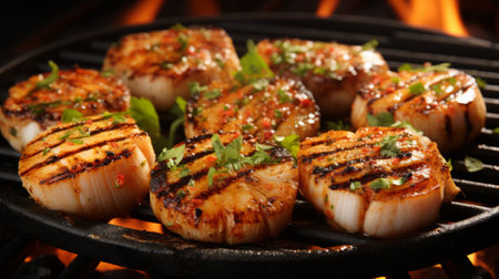 Succulent grilled scallops sizzling on a hot grill, showcasing their mouthwatering sear marks and tempting aromaの素材