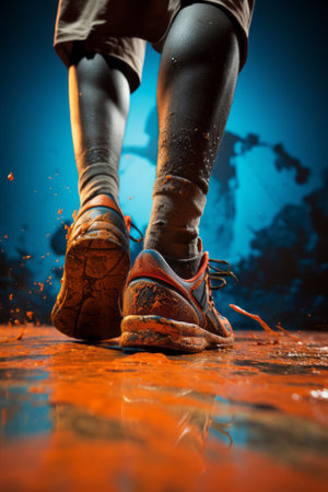 Close-up view of a man's sneakers as he walks across a surface covered in bright orange paintの素材