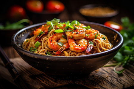Generative AI Stir fry noodles with vegetables and shrimps in black bowlの素材