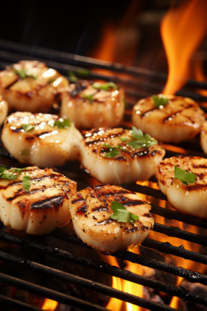 Succulent grilled scallops sizzling on a hot grill, showcasing their mouthwatering sear marks and tempting aromaの素材