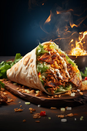 Deliciously dense shawarma roll placed on rustic board, with fiery flame in the background. Shawarma is generously filled with combination of perfectly grilled and roasted chicken, beef or lamb, infused with aromatic spices and fragrant herbsの素材