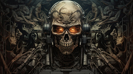 Human skull rests at the heart of a malevolent AI mechanism. The sinister creation, crafted by artificial intelligence, signifies the potential dangers of unchecked technology.の素材
