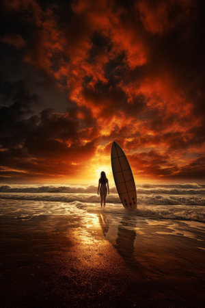 Silhouette of a woman standing in the ocean water, accompanied by a surfboard, as the sun sets on the horizonの素材