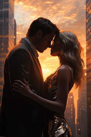 classy and elegant couple embraces in a passionate kiss, surrounded by the vibrant hues of an orange sunset. The man exudes sophistication in tailored suit, while the woman radiates elegance in evening dress. Backdrop showcases the towering skyscrapers of a bustling city.の素材