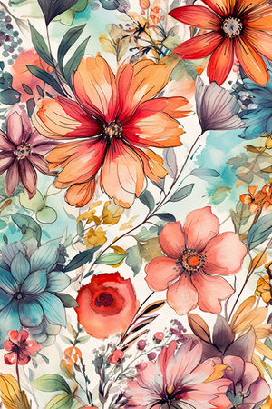 Generative AI pattern watercolor flowers and leaves. botanical watercolor illustration and backgroundの素材
