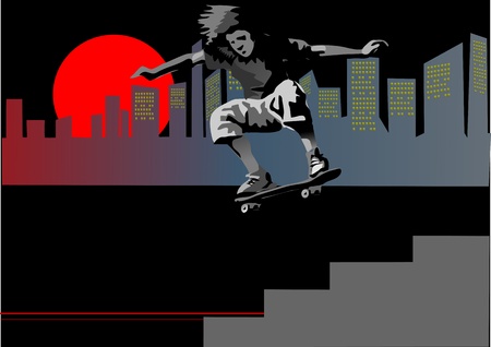 silhouette of a skateboarder jumping in the downtown  Sunriseのイラスト素材