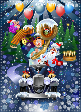 Clowns and Santa stuck in the car in the middle of a snow-covered forestのイラスト素材