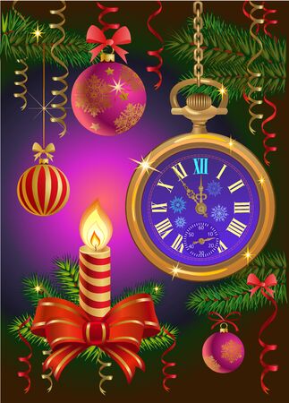 Christmas candles and NEW YEAR WATCHのイラスト素材
