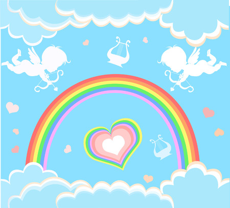 Two cupid bow take aim at the heart of.  Rainbow of Loveのイラスト素材