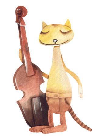 Cat and contrabass. Original watercolor illustration by Eugene Ivanov.の写真素材