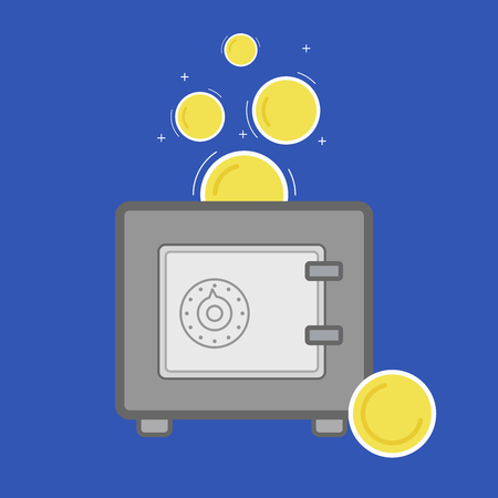 Metallic safe box with golden coins . Bank deposit box with closed door . Money storage, cash security isolated vector illustration.の写真素材