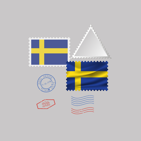 A set of postage stamps with the image of the flag of SWEDEN isolated on a gray background. 10 epsのイラスト素材