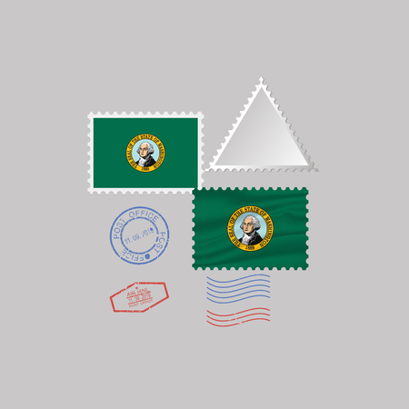 Postage stamp with the image of Washington state flag. Hawaii Flag Postage on gray background with shadow. Vector Illustration.のイラスト素材