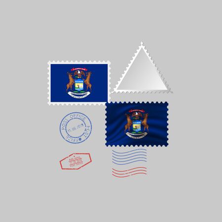 Postage stamp with the image of Michigan state flag. Hawaii Flag Postage on gray background with shadow. Vector Illustration.のイラスト素材