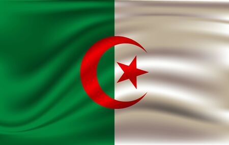 Realistic waving flag of People s Democratic Republic of Algeria. Fabric textured flowing flag of Algeria.のイラスト素材