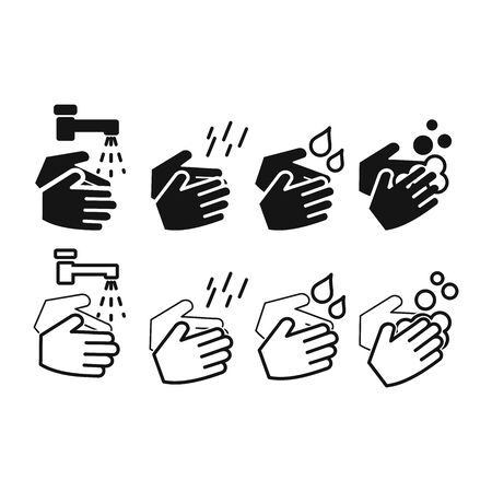 Wash your hands icons set, simple black and white hand drawing with water tap, drop, soap bubble signのイラスト素材