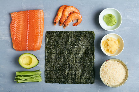 fresh ingredients for sushi sashimi maki rollsの写真素材