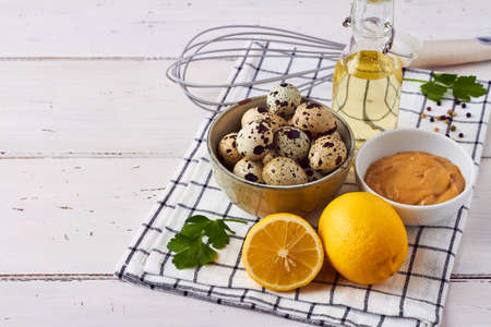 homemade tasty quail eggs mayonnaiseの写真素材