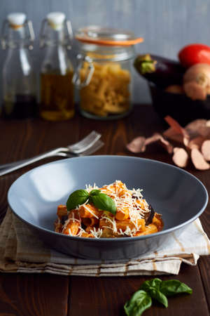 pasta alla norma with eggplant ricotta tomato sauce copy spaceの写真素材