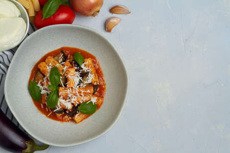 pasta alla norma with eggplant ricotta tomato sauce copy spaceの写真素材