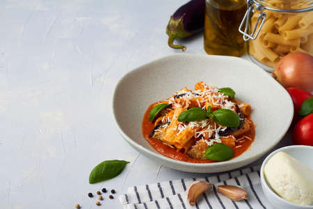 pasta alla norma with eggplant ricotta tomato sauce copy spaceの写真素材