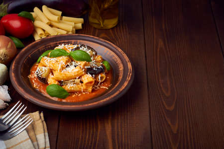 pasta alla norma with eggplant ricotta tomato sauce copy spaceの写真素材
