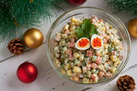 traditional russian salad (olivier) white background new years tree new year tree decorationsの写真素材