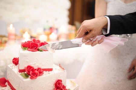 bride and groom are Slicing the wedding cake on reception