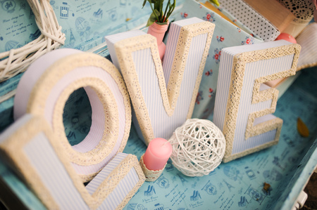 wedding decor love at restaurant with all beauty and flowersの写真素材