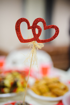 wedding decor valentine's day heart at restaurant with all beauty and flowersの写真素材
