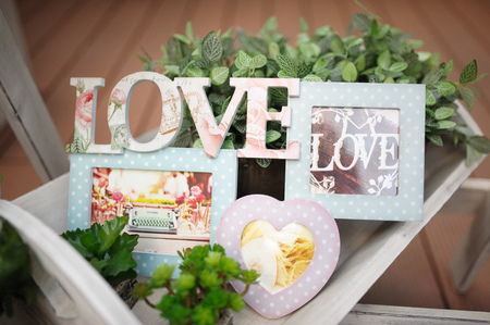 wedding decor love at restaurant with all beauty and flowersの写真素材