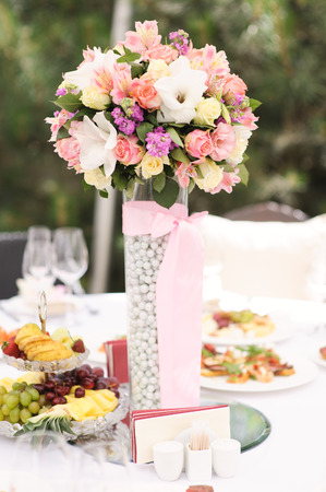 wedding decor at restaurant with all beauty and flowersの写真素材