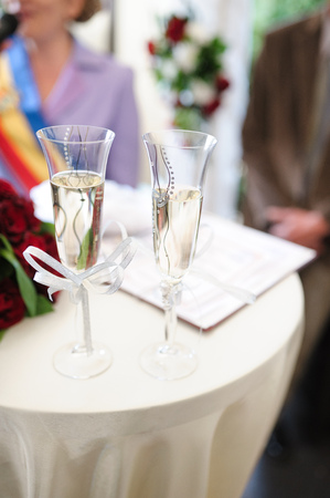 wedding decor glass at restaurant with all beauty and flowersの写真素材