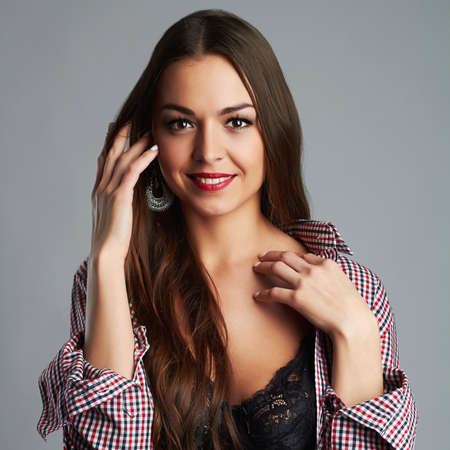 Beautiful smiling woman portrait.sexual beauty happy girl with long healthy hairの写真素材