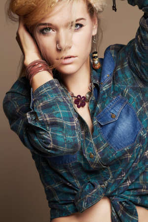 fashion portrait of beautiful young woman. hipster girlの写真素材