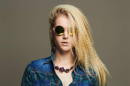 hipster blond Sexy girl in sunglassesの写真素材