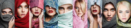 beauty collage of women in scarf. beautiful girls make-up. different trendy modelsの写真素材