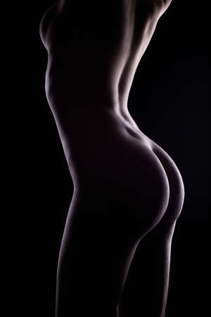 Female Nude Silhouette in Dark. Young Sexy Woman perfect Body. Naked Girlの写真素材